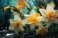 Beautiful yellow and white flowers under the spring rain. Hello summer Royalty Free Stock Photo