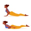Beautiful yoga girl locust and cobra poses. Meditation practice. Sport, healthy lifestyle. Cartoon illustration of