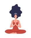 Beautiful yoga girl vector icon. The girl meditates in the lotus position against the background of the sky, grass and a