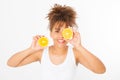 Beautiful young african american woman isolated on white background. Afro girl and diet concept. Copy space. Mock up. Skin care Royalty Free Stock Photo