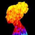 Beautiful young african american woman makes of bright multicolored low poly triangles, silhouette in profile