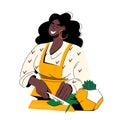 Beautiful young African American woman plus size cooks in a modern kitchen, cuts green onions on the table. Vector Royalty Free Stock Photo