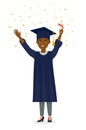 Beautiful young afro american graduate holding diploma with confetti. Cartoon vector character illustration on white background.