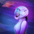 Beautiful young afro space girl astronaut in a spacesuit and helmet on the surface of the planet looks at the stars