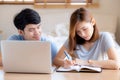 Beautiful young asian couple calculate expenses finance with laptop and planning together