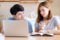 Beautiful young asian couple calculate expenses finance with laptop and planning together