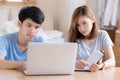 Beautiful young asian couple calculate expenses finance with laptop and planning together