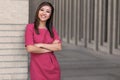 Beautiful young asian female business student, law, mba, smiling cheerful on campus university Royalty Free Stock Photo