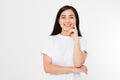 Beautiful young asian girl in summer t shirt on white background. Nature beauty face makeup. Copy space