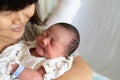 Asian mother looking her newborn baby Royalty Free Stock Photo