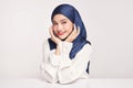 Beautiful young asian muslim woman wearing a blue hijab on white background, Portrait of Arab Beauty