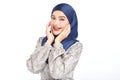 Beautiful young asian muslim woman wearing a blue hijab on white background, Portrait of Arab Beauty