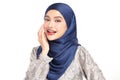 Beautiful young asian muslim woman wearing a blue hijab on white background, Portrait of Arab Beauty