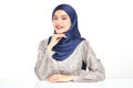 Beautiful young asian muslim woman wearing a blue hijab on white background, Portrait of Arab Beauty