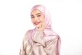 Beautiful young asian muslim woman wearing a pink hijab on white background, Portrait of Arab Beauty