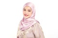 Beautiful young asian muslim woman wearing a pink hijab on white background, Portrait of Arab Beauty