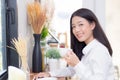 Beautiful young asian woman drinking coffee and smile in the morning at cafe Royalty Free Stock Photo