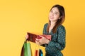 Beautiful young Asian woman excited with discount products on sale happy shopping many bags, portrait young attractive lady hold Royalty Free Stock Photo