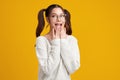 Beautiful young asian women feel happiness with positive expression, joyful on Yellow background. Happy adorable glad woman Royalty Free Stock Photo