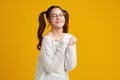 Beautiful young asian women feel happiness with positive expression, joyful on Yellow background. Happy adorable glad woman Royalty Free Stock Photo