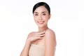 Beautiful Young Asian Woman hand Touching on Shoulder. Clean and Fresh skin, on white background, Beauty Cosmetology Concept Royalty Free Stock Photo