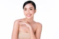 Beautiful Young Asian Woman hand Touching on Shoulder. Clean and Fresh skin, on white background, Beauty Cosmetology Concept Royalty Free Stock Photo