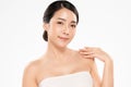 Beautiful Young Asian Woman hand Touching on Shoulder. Clean and Fresh skin, on white background, Beauty Cosmetology Concept Royalty Free Stock Photo