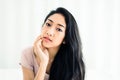 Beautiful young asian woman happy and smiling face and looking to camera on white background Royalty Free Stock Photo