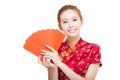 Beautiful young asian woman holding red bag for rich Royalty Free Stock Photo