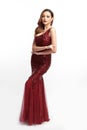 Beautiful young asian woman, with Red Dress, Elegant Woman in Sexy Evening Gown, Beautiful on White Background Royalty Free Stock Photo