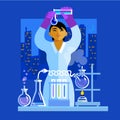 Beautiful young Asian woman scientist holding flasks, working in the laboratory. Vector