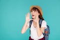 Beautiful young asian woman shouting sound loud with mouth for announce something in vacation travel with excited Royalty Free Stock Photo