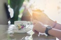 Beautiful young asian woman sitting on chair relaxing coffee tim Royalty Free Stock Photo