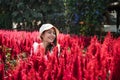 Beautiful young asian woman sitting with enjoying in red flower garden Royalty Free Stock Photo