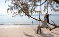 A beautiful young woman sitting on swing at the beach with a dog playing water in the sea Royalty Free Stock Photo