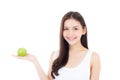 Beautiful young asian woman smile and holding green apple fruit with wellness and healthy isolated Royalty Free Stock Photo