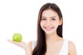 Beautiful young asian woman smile and holding green apple fruit with wellness and healthy isolated Royalty Free Stock Photo