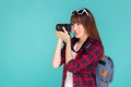 Beautiful young asian woman smiling is journalist photographer wear fashion travel summer