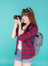 Beautiful young asian woman smiling is journalist photographer wear fashion travel summer, girl holding camera hobby tourist