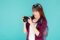 Beautiful young asian woman smiling is journalist photographer wear fashion travel summer