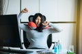 Beautiful young asian woman working at home,Happy and smiling,Enjoying time,Work from home Royalty Free Stock Photo