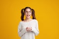Beautiful young asian women feel happiness with positive expression, joyful on Yellow background. Happy adorable glad woman Royalty Free Stock Photo