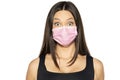 Beautiful young astonished woman with a face medical mask