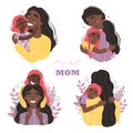 Beautiful young black african american woman and her charming little daughter. Girl hugs mom and smiles. Set of illustrations for