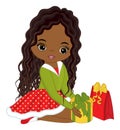 Beautiful Young Black Girl Holding Christmas Gift Box. Vector Christmas Girl Royalty Free Stock Photo