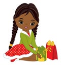 Beautiful Young Black Girl Holding Christmas Gift Box. Vector Christmas Girl Royalty Free Stock Photo