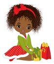 Beautiful Young Black Girl Holding Christmas Gift Box. Vector Christmas Girl Royalty Free Stock Photo