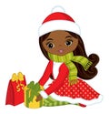 Beautiful Young Black Girl Holding Christmas Gift Boxes. Vector Christmas Girl Royalty Free Stock Photo