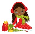 Beautiful Young Black Girl Holding Christmas Gift Boxes. Vector Christmas Girl Royalty Free Stock Photo