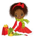 Beautiful Young Black Girl Holding Christmas Gift Boxes. Vector Christmas Girl Royalty Free Stock Photo